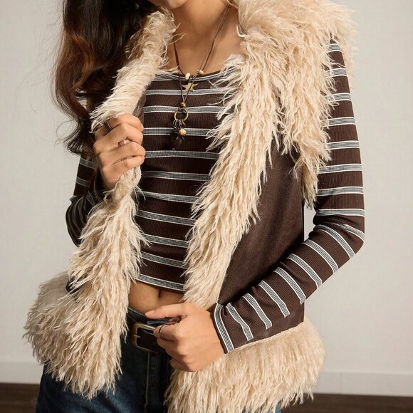 Casual Chocolate Brown Women's Faux Fur detailed Vest Jacket - Picture 8 of 8